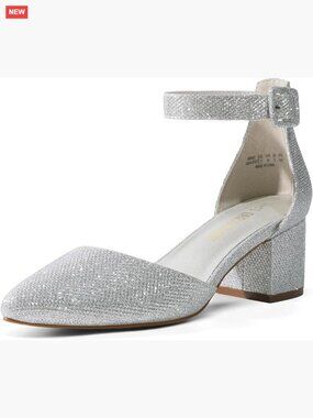 Silver Glitter Pointed Toe Chunky Heel Pumps with Adjustable Buckle